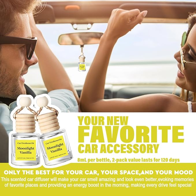 C Classy Car Air Freshener Hanging 2 Pack, Moonlight Vanilla Essential Oil Diffuser for Cars, Long-Lasting Fragrance,Cute Car Accessories, C ar Air Fresheners for Women & Men Gift, Made in USA