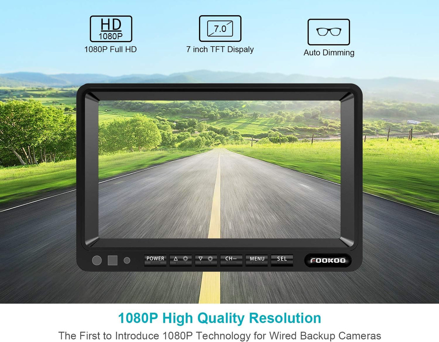 FOOKOO Ⅱ HD Backup Camera System Kit,7''1080P Reversing Monitor+IP69 Waterproof Rear View Camera,Sharp CCD Chip, 100% Not Wash Up,Truck/Semi-Trailer/Box Truck/RV (FHD1-Wired)