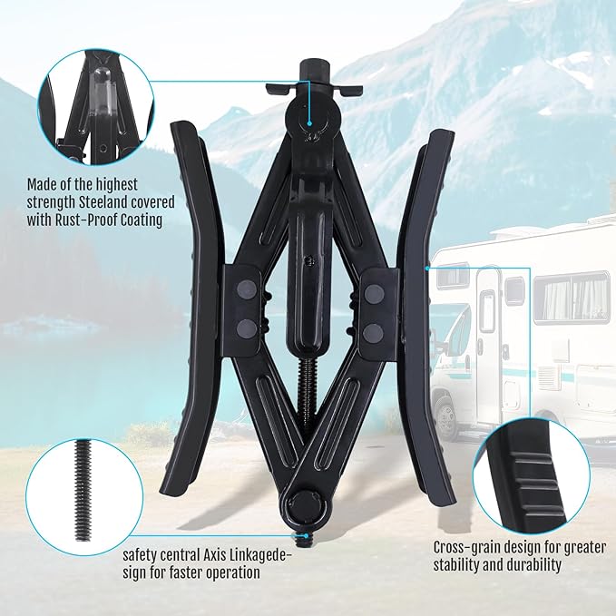 RV Rotatable Wheel Chock Stabilizers (Drill Adjusted), Camper Heavy Duty Tire Chock Stabilizers, Travel Trailers Wheel Chock Scissor 2 Sets with Ratchet,hex Socket,Gloves (Black-Turn)