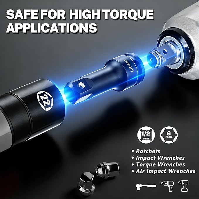 7 PCS 1/2 inch Drive Half Size Lug Nut Socket Set, 17 17.5 18.5 19 19.5 21 21.5 22 22.5 mm Impact Flip Socket Set Non-Marring Thin Wall Double Ended Wheel Nut Removal Kit with Metal Buckle Carry Case