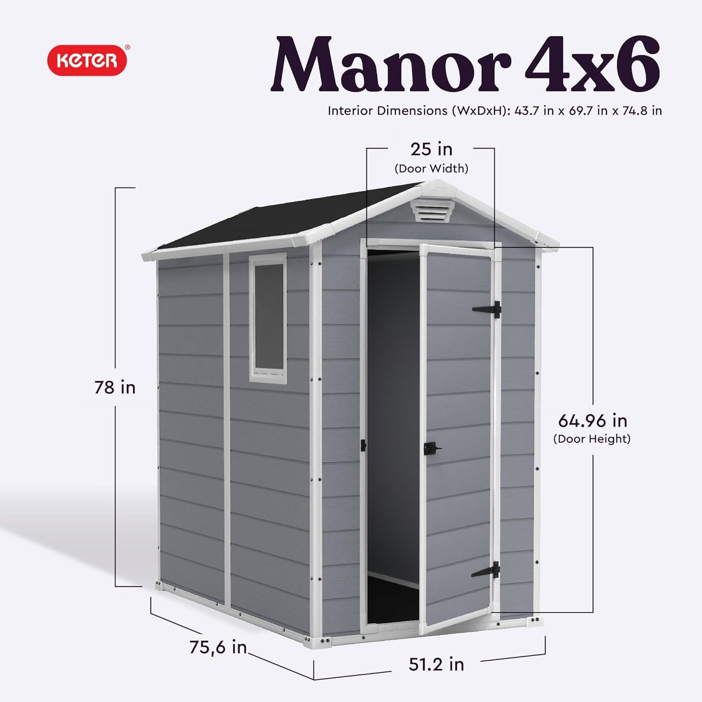 Keter Manor 4x6 Resin Outdoor Storage Shed Kit-Perfect to Store Patio Furniture, Garden Tools Bike Accessories, Beach Chairs and Lawn Mower, Grey & White
