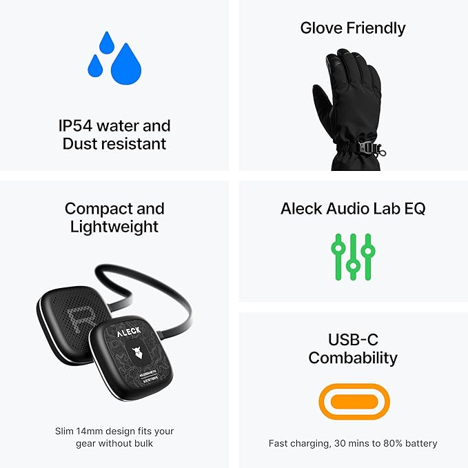 ALECK Snow Series Pro Universal Wireless Bluetooth Helmet Speakers Headphones for Ski and Snowboard Audio-Ready Helmets, Glove Friendly Controls, Microphone Headset for Hands-Free Calls
