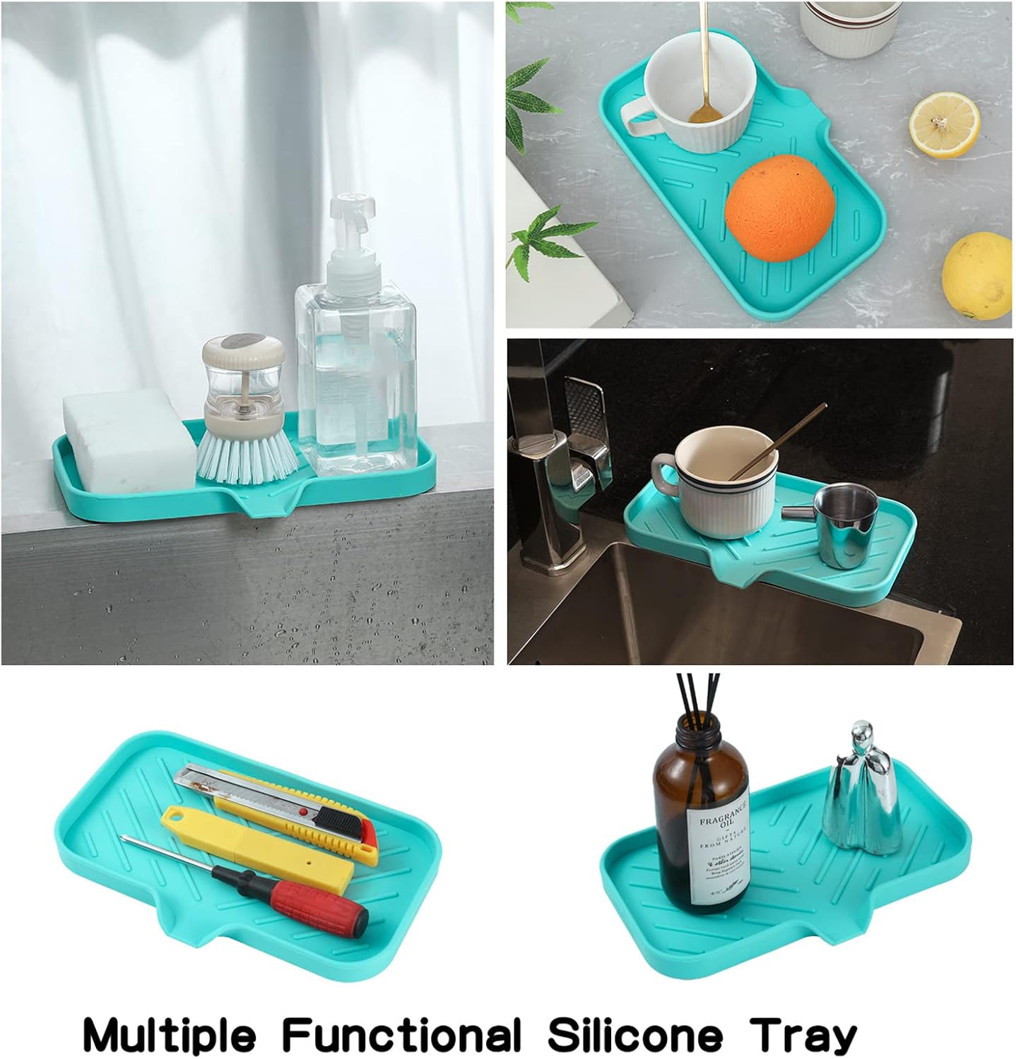 Silicone Bathroom Soap Dishes with Drain Spout-Bathroom and Kitchen Sink Organizer,Sponge Holder,Dish Soap Tray,Perfect for Dispenser,Scrubber,Bottle,Cup on Sink or Counter-Mint 9.6"×5.3"