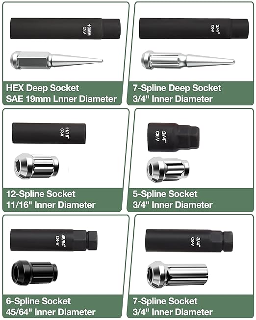 Spline Lug Nut Socket Set 8-Piece for Easy Removal of 5, 6, 7, 12-Spline, Hex and Spike Lug Nuts on Aftermarket Wheels, CR-V Steel