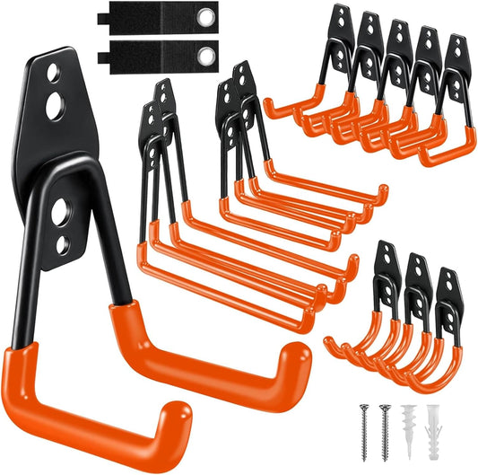 Garage Hooks, 12 Pack Wall Hooks for Hanging Heavy Duty Ladders, Bikes, Tools Ideal for Garage, Garden, Basement Utility Room Storage (Orange)