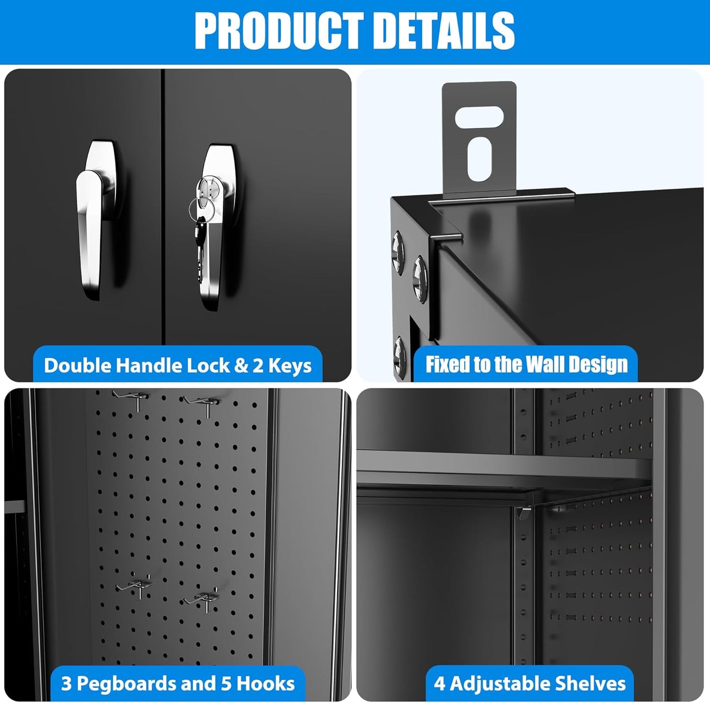 2025 Upgraded Wide & Deep Garage Storage Cabinet with Wheels, Lockable Metal Storage Cabinet with Pegboards and 9 Hooks, 2 Tool Pouches for Garage,4 Adjustable Shelves (Black,43''W x 22''D x 72''H)