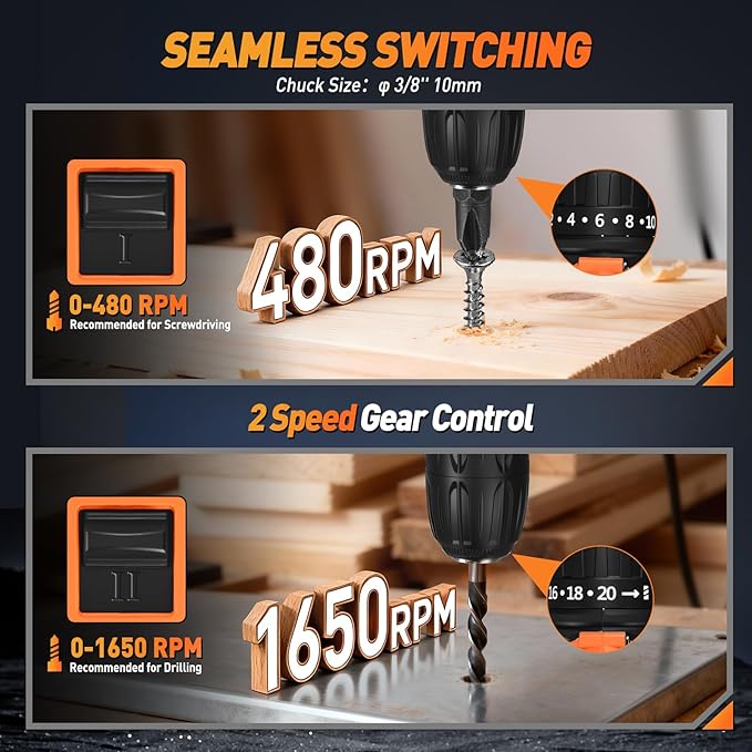 WORKBLESS Cordless Drill, Power Drill Set with 1 Battery and Charger, 40Nm, 20+1 Torque, 2 Speed, Keyless 3/8" Electric Screwdriver with LED Light, 28pcs Drill Bits Set(Orange)
