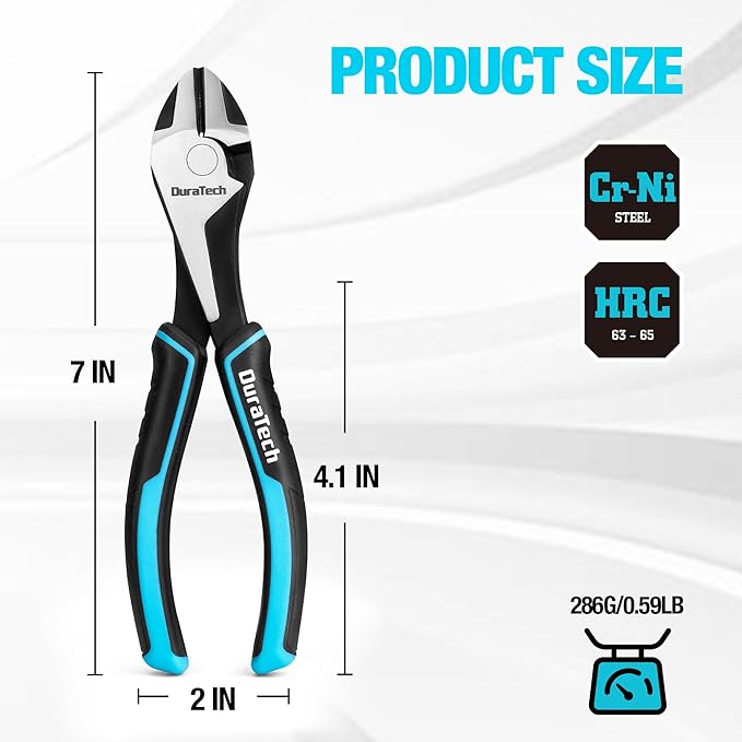 DURATECH 7" High Leverage Diagonal Cutters, Cr-Ni Wire Cutters, Side Cutters for Cutting Wire, Diagonal Cutting Pliers with Comfortable Grip