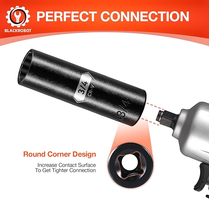 BLACKROBOT 3/4 inch 12-Point Deep Impact Socket, 1/2 Inch Drive, Metric, Cr-V Steel With Black Manganese Phosphate Coating