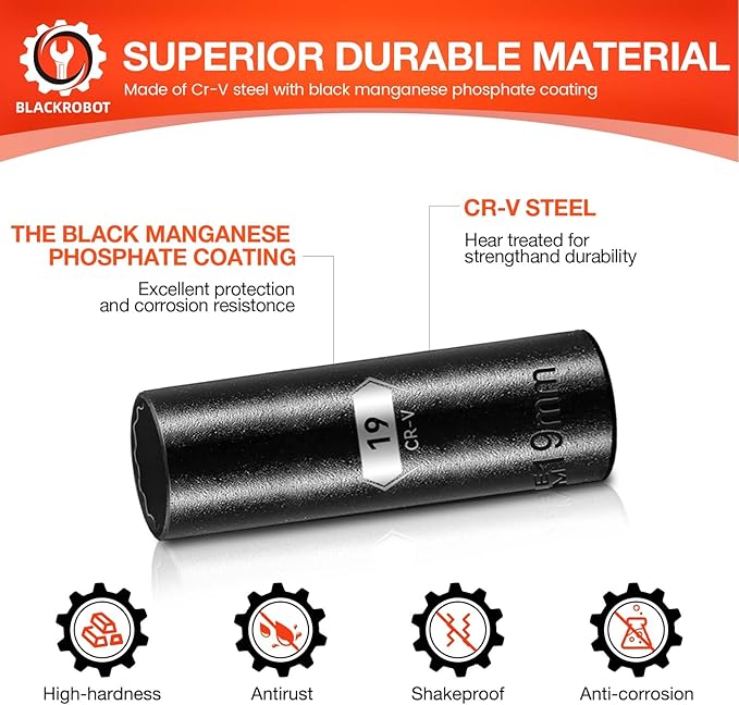 BLACKROBOT 19 mm 12-Point Deep Impact Socket, 1/2 Inch Drive, Metric, Cr-V Steel With Black Manganese Phosphate Coating