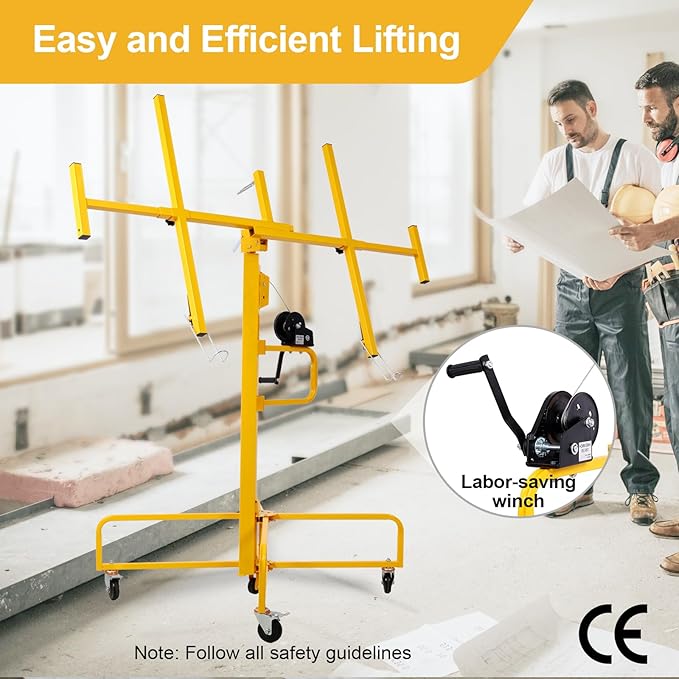 16FT Drywall Lift Sheetrock Lift, 150LBS Drywall Lift Panel Hoist with 4 Lockable Wheels for Ceiling, Drywall Rolling Lifter Panel, Drywall Jack Lift for Home & Commercial Use, Yellow