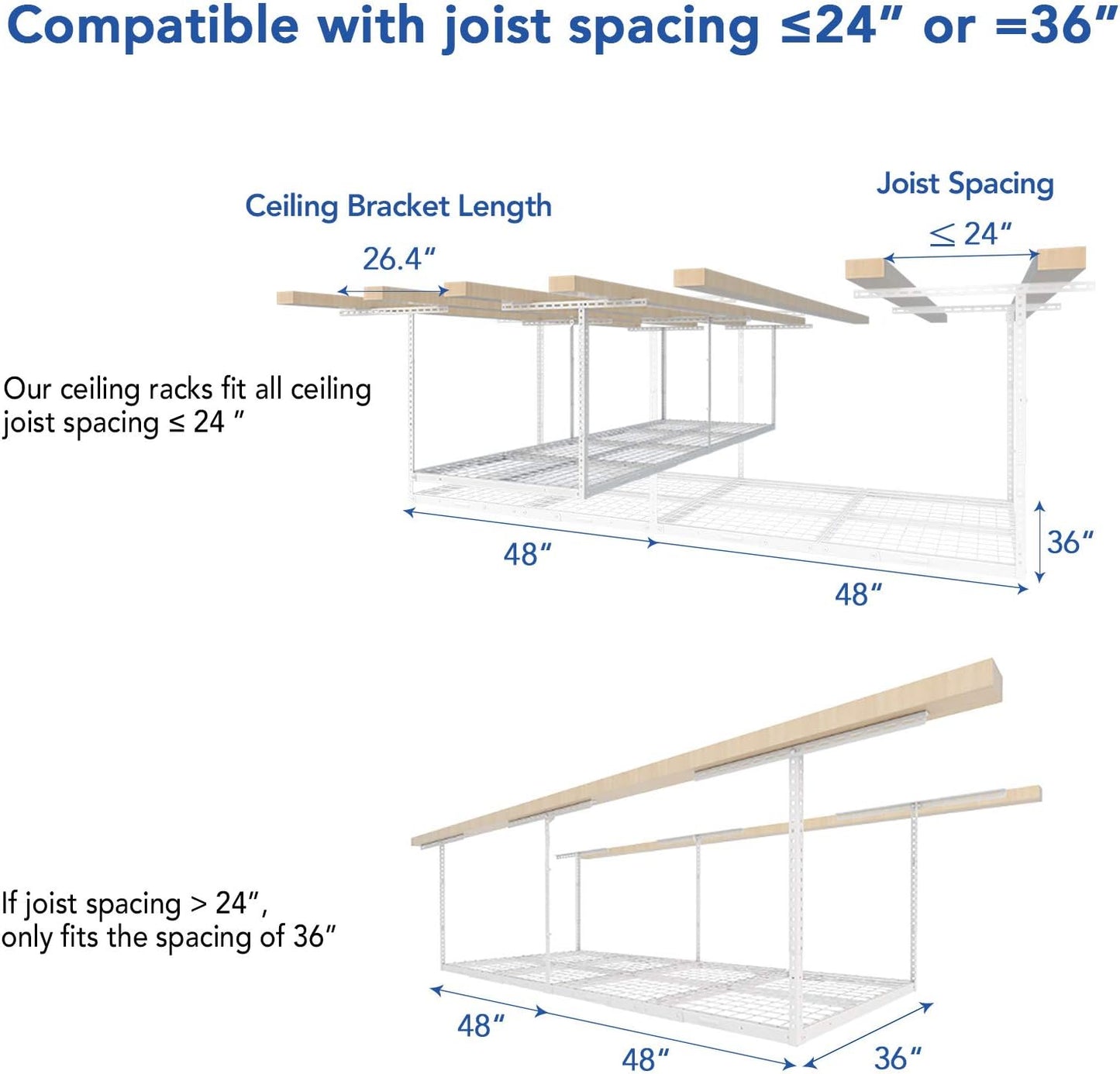 FLEXIMOUNTS 3x8 Overhead Garage Storage Rack,Adjustable Storage Organization System,Heavy Duty Metal Garage Ceiling Storage Racks,2 pack,White