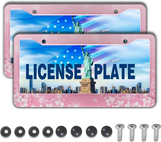 License Plate Frames for Girl Pink License Plate Cover for Women for Men Pink Floral Women Aluminum Metal Car Accessory 2 Pack with Screw Covers Set