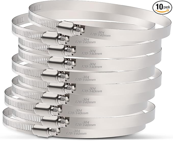 10Pack 5 inch Hose Clamp,Stainless Steel Large Hose Clamps Adjustable from 4-23/32"-5-1/2"/120-140mm,Metal Worm Drive Gear Duct Clamp for Air Ducting,Dryer Vent Hose,Fuel Line,Plumbing,Automotive