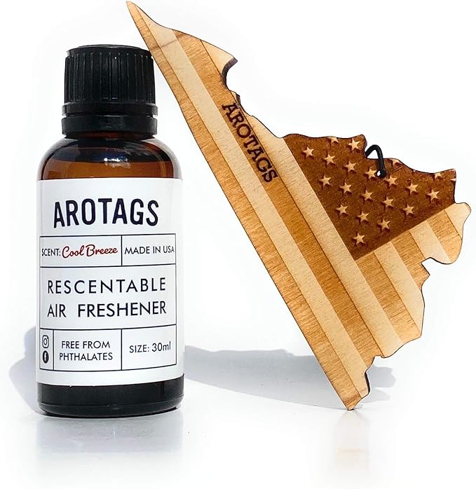 Arotags Car Air Freshener - Reusable Wood Diffuser - Hanging Odor Eliminator - Virginia Patriot - Cool Breeze Scent
