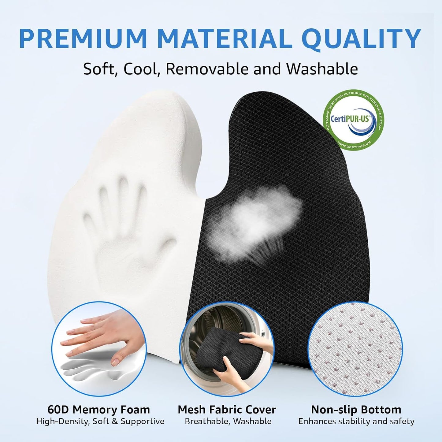 Extra Large Office Chair Cushion, 19" x 17" Ergonomic Memory Foam Seat Cushion for Tailbone, Back, Sciatica & Hip Pain Relief, Booster Pad for Sitting & Driving, Removable Washable Cover, Black