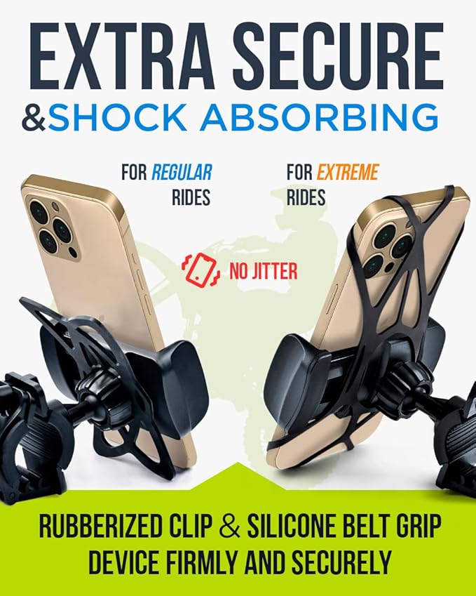 Bike & Motorcycle Phone Mount - for iPhone 16 Pro Max (15, 14, SE, Plus), Galaxy s25 or Any Cell Phone - Universal Handlebar Holder for ATV, Bicycle & Motorbike. +100 to Safeness & Comfort