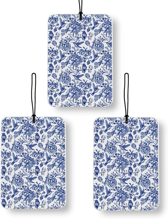 Chinoiserie Vintage Floral Bird Car Air Freshener 3 Pcs, Blue and White Grandmillennial Cottagecore Flower Decor for Cars Closet Drawer Books Accessories Gifts