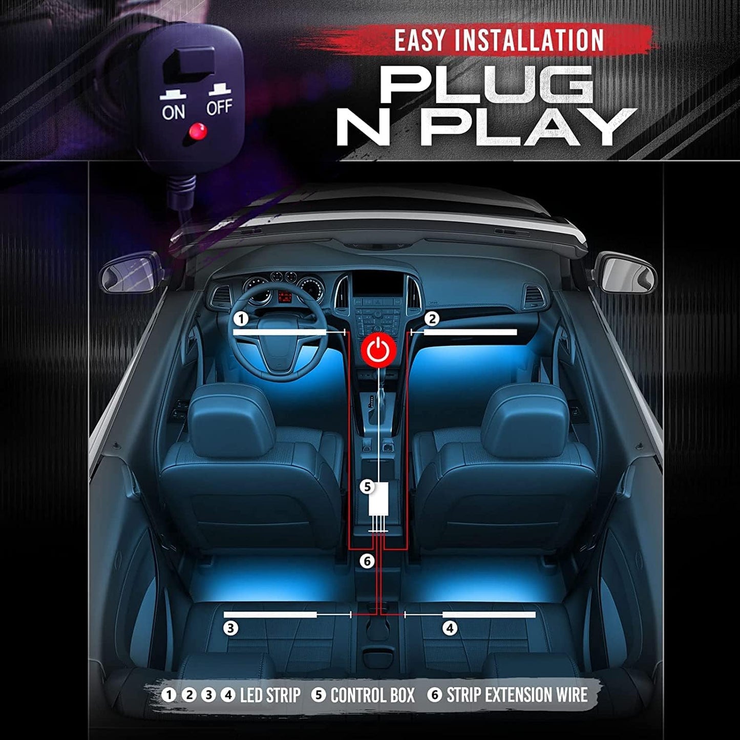 OPT7 Aura Double Row Car LED Lights Interior 6pc with Wireless Remote Control, Multicolor Mode, Sound Active Function Inside Ambient Lighting Kit, Footwell Floor Decor, Charger Adapter 12V