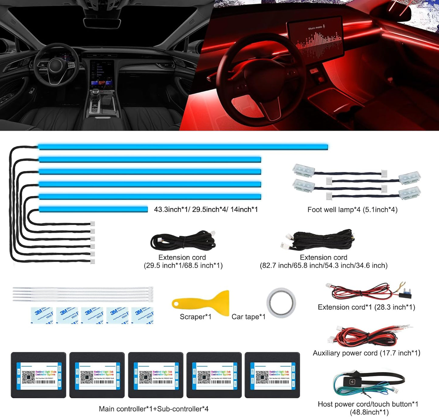 Acrylic Interior Car LED Strip Light with Wireless APP, RGB 10 in 1 with 175 inches 600 LEDs Fiber Optic Car Ambient Lighting Kits, 16 Million Colors Sound Active Function LED Strip for Car