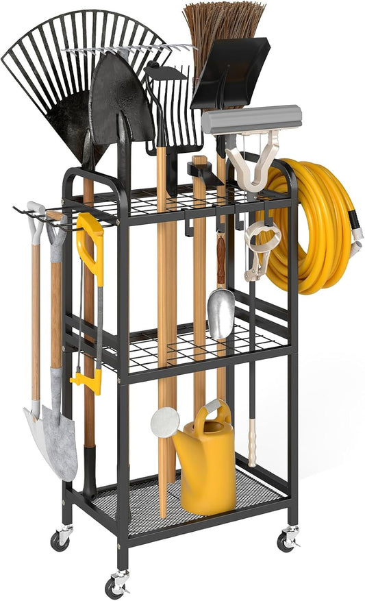 Hadulcet Garden Tool Organizer, Metal Garage Organization and Storage with Lockable Wheels, Garden Tool Rack with Storage Hooks, Heavy Duty Yard Tool Organizer for Garage, Shed, Lawn, Outdoor, Black