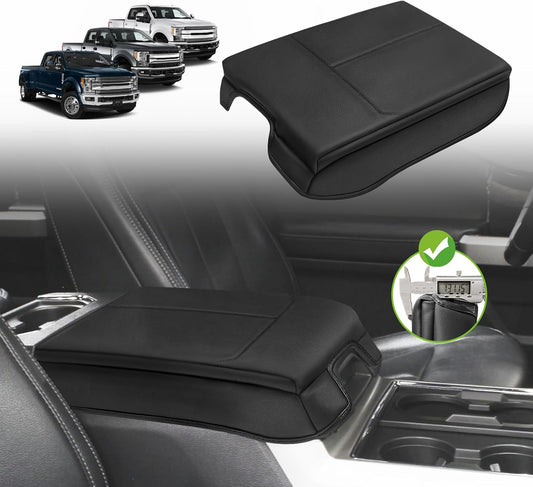 Muslogy Center Console Armrest Cover Compatible with Ford F250 F350 F450 2017-2022 Super Duty Comfort Armrest Pad Arm Rest Cushion Vegan Leather Protector 1-Inch Extra Thick(Bucket Seat ONLY)