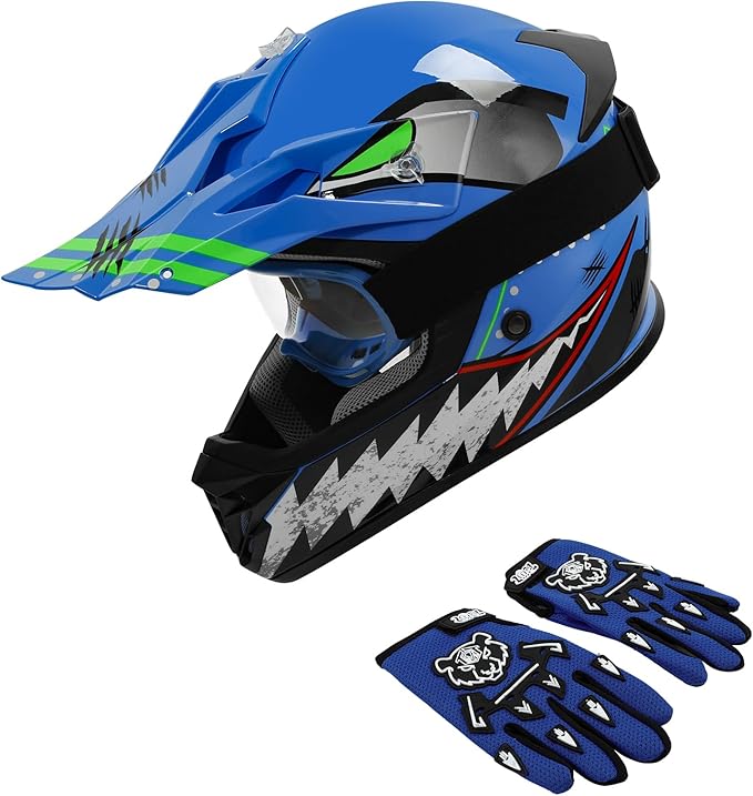 XFMT DOT Youth Kids Dirt Bike Helmet Full Face Motocross Helmets for Off-Road ATV Street Bike Four Wheeler Motorcycle with Goggles & Gloves, Blue Shark Medium