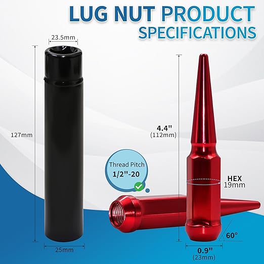 1/2"-20 Red Wheel Spike Lug Nuts, 32 PCS Lug Nut Accessories with 1 Socket Key, Thread Spiked 4.4" Long Closed End Nuts Compatible with Wrangler Cherokee Explorer