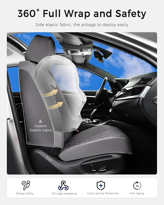 Huidasource Gray Seat Covers Full Set, Gray Seat Covers 5 Seats Waterproof Nappa Leather, Universal Fit for Most Cars,Van,Truck, SUV, Honda Civic Nissan Compass Sentra Focus Explorer(Full Set/Gray)