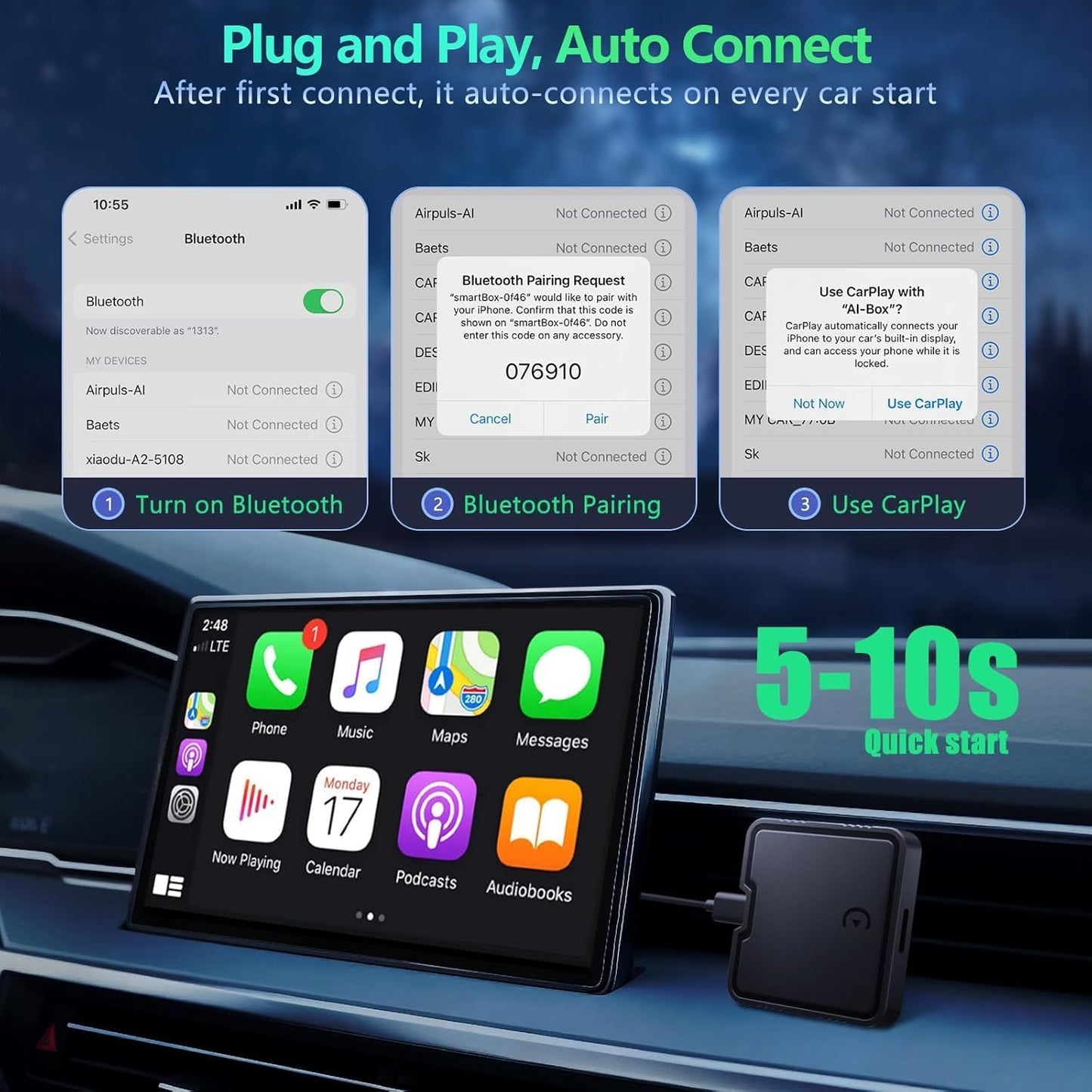 Wireless CarPlay Adapter for Convert Wired to Wireless Car Play Adapter Fast Stable Connection 2025 Upgrade Ai Box Car Play Support Netflix, YouTube, TF Card Plug Connection Cars from 2015 & iOS 10+
