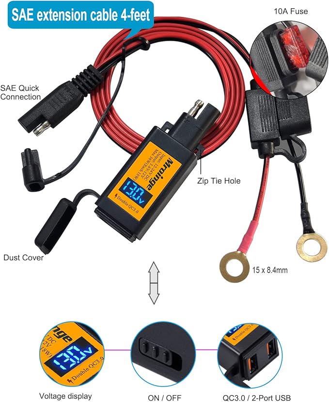 Motorcycle USB Charger, Mroinge 6.8A SAE to USB Adapter Dual Port QC3.0/2.0 Fast Charge, with Voltmeter/Ammeter & ON/Off Switch & 10A Fuse, Perfect for Your Phone or Smart Device Charging