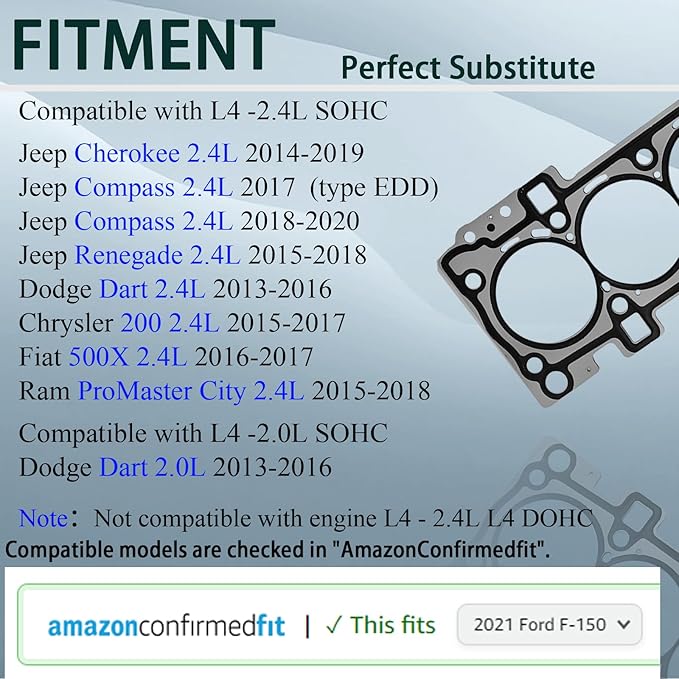HS55384 MLS Full Cylinder Head Gasket Set with Bolts 2.4 for Jeep Cherokee Compass Renegade 2014-2020 Chrysler 200 2015-2017 Dodge Dart 13-16, Fiat 500X 16-17 Ram ProMaster City 15-18, HGB1171