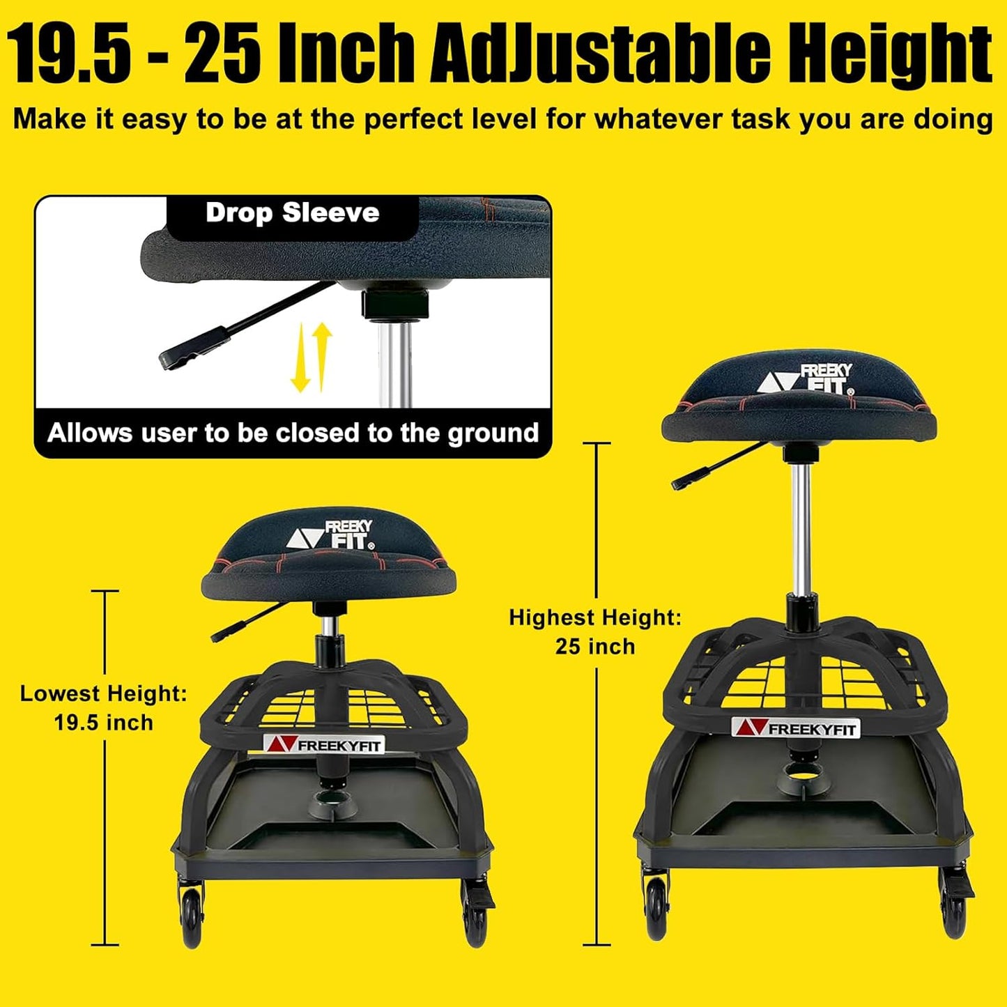 Rolling Shop Stool with Wheels, Garage Work Mechanic Stool with Backrest, Roller Mechanic Chair, Adjustable Height, 360° Swivel, Tool Tray Storage, 330 LBS Capacity, Heavy Duty, Black