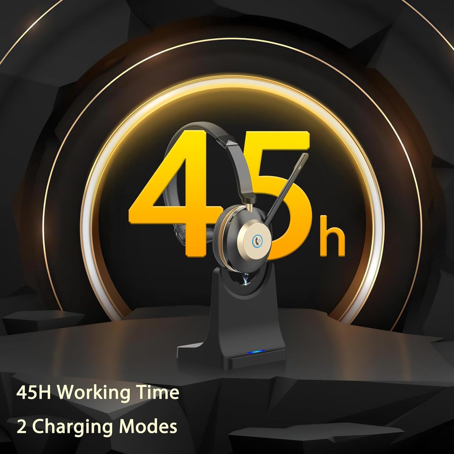 V5.3 Wireless Headset with Mic for Work, 45Hrs Computer Headset with Microphone, Bluetooth Headphones with Noise Cancelling Mic, Charging Base, USB Dongle & Mute Button for PC, Skype, Zoom