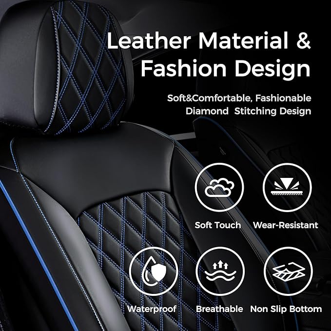 Huidasource Seat Covers Full Set, Nappa Leather Seat Covers, Blue Car Seat Covers, Universal Fit Front & Split Bench Rear, Airbag Compatible, for Most Cars,Vans,Trucks, SUVs(Full Set/Black&Blue)