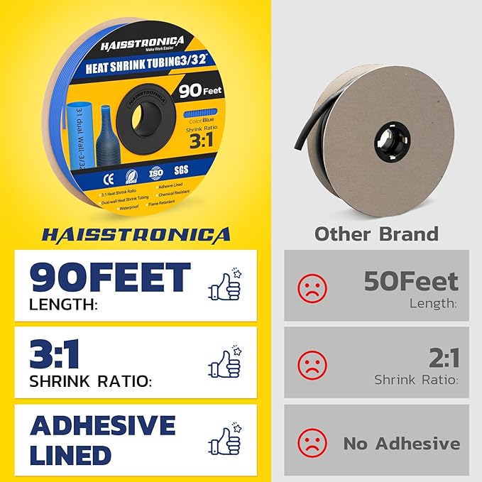 haisstronica 3:1 Heat Shrink Tubing, Shrink Ratio Adhesive Lined Marine Grade Heat Shrink Tube for Home, Automotive and Industrial (Blue) 90FT 3/32inch