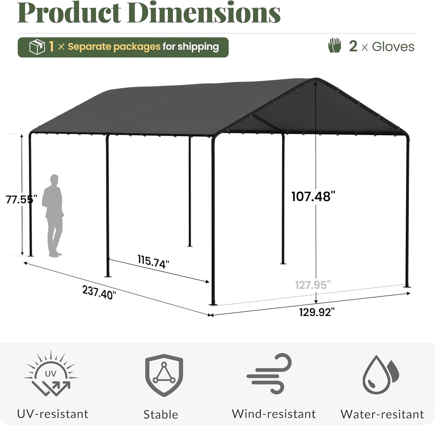 Carport, 10‘ x 20’ Heavy Duty Portable Garage All-Season Car Canopy w/Removable Sidewall & Doors, Carport Canopy Party Tent w/Water-Resistant Tarp for Backyard (Grey, 10' x 20' /no Side)