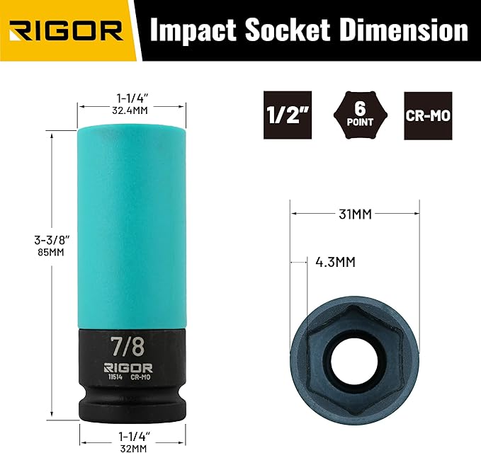 RIGOR 11514 7/8-Inch Non-Marring Lug Nut Socket | Wheel Protector Impact Socket | 1/2" Drive, 6 Point, CR-MO