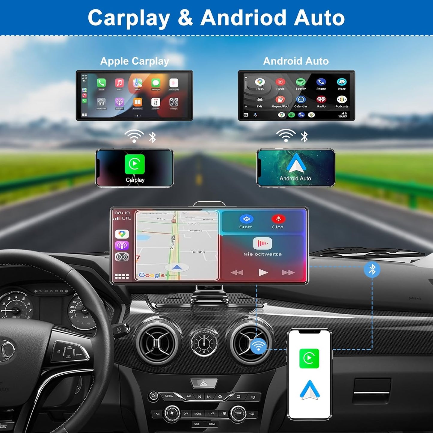 Carplay Screen for Car,10.26" HD IPS Wireless Portable car Stereo for Apple Carplay&Android Auto,Car Audio Receivers with 4K Dash Cam/1080P Rear Camera,GPS Navigation,Mirror Link,FM,Voice Control