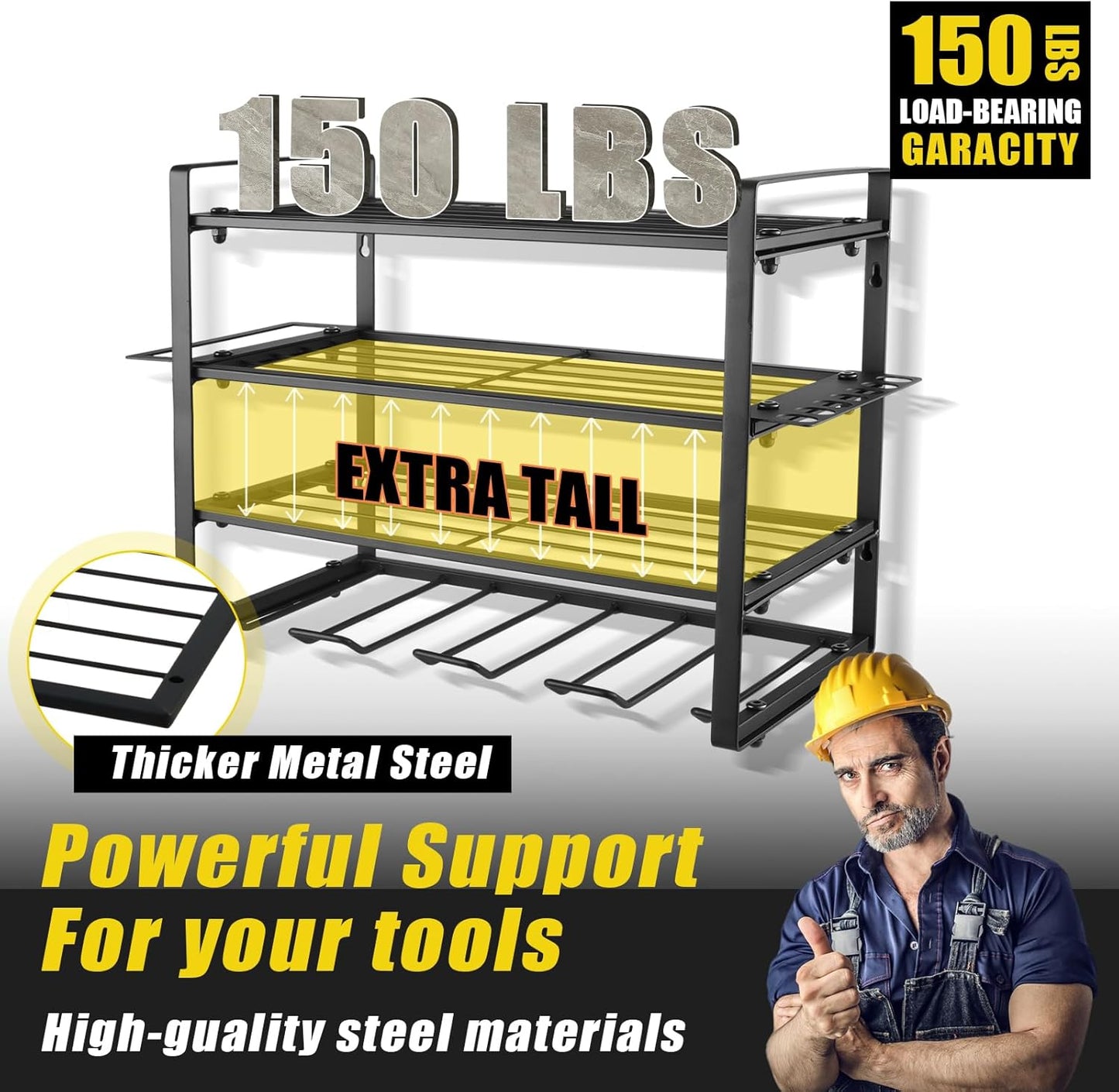 Power Tool Organizer Wall Mount, 2 Pack 4 Layers Garage Wall Shelving, 8 Drill Holder Wall Mount, Cordless Tool Organizer, Garage Storage Rack with 4 Extension Cord Holder