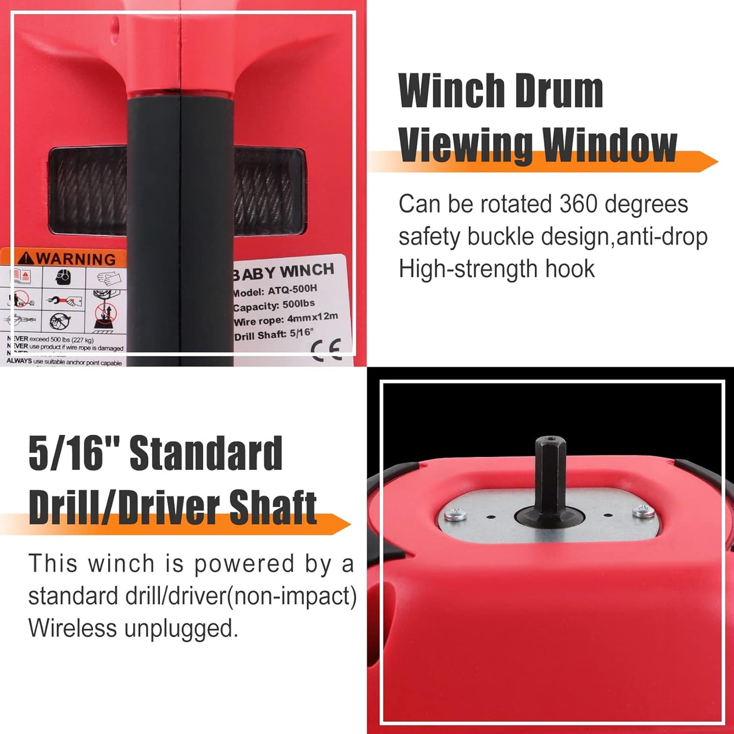 Portable Drill Winch, Rotate The Hook 360 Degrees, Red Handheld Drill Winch/Hoist of 750 LB Capacity with 40 Foot Alloy Wire Rope for Lifting & Dragging, Stretched Wire Fence, Log Handling.