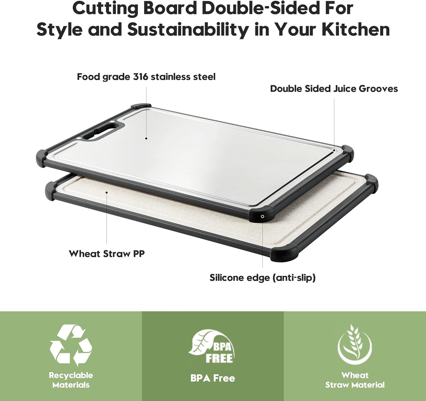 Premium 316 Stainless Steel Cutting Board for Kitchen Extra Large 16.9" x 11.8" Best Non-Toxic Chopping Board for Meat Food-Grade Metal & Eco-Friendly Wheat Straw Dual-Sided Healthy Kitchen Essential