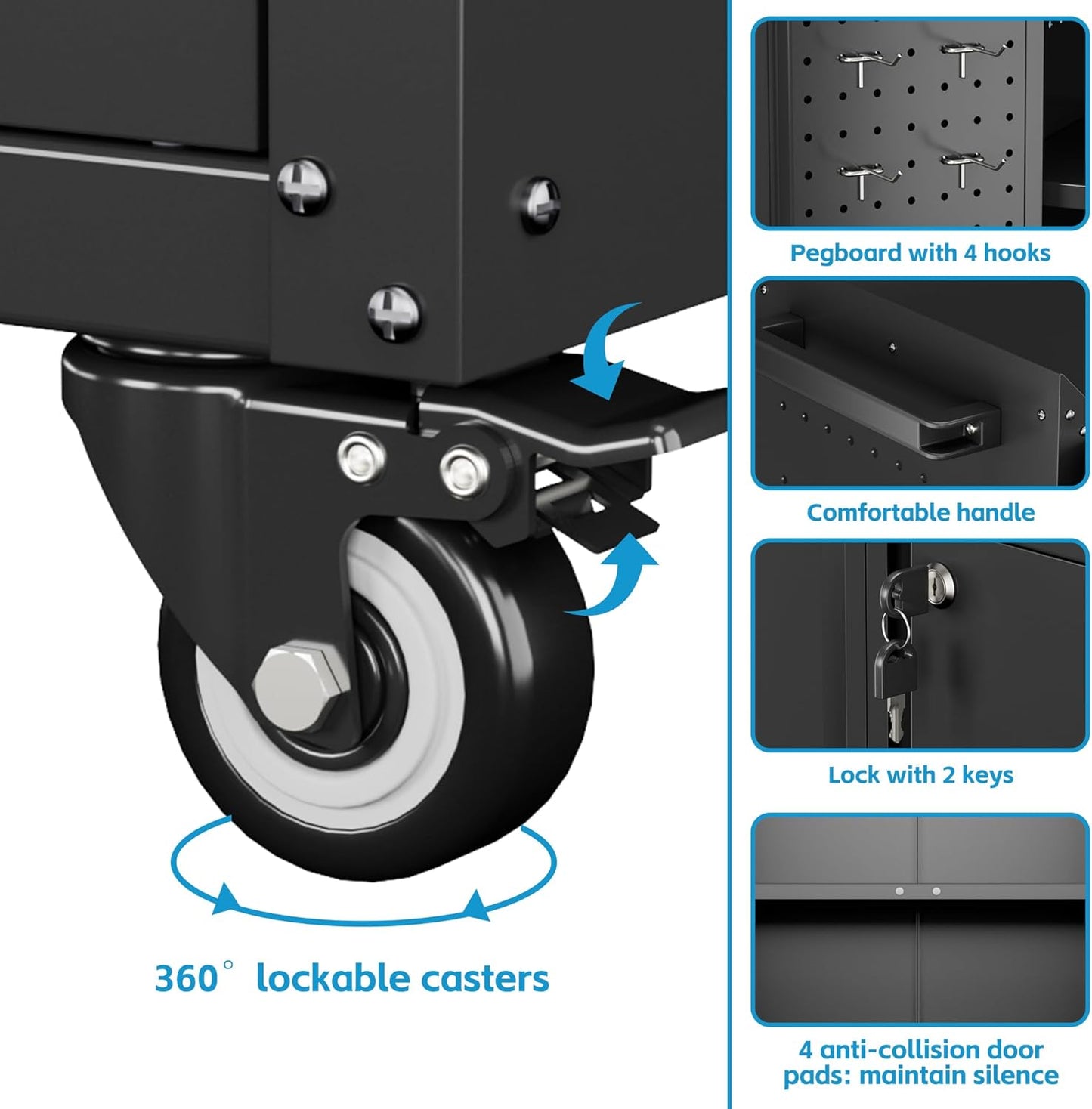 Metal Storage Cabinet with Wheels, Rolling Storage Cabinet with 2 Doors and Adjustable Shelves, Pegboard and 4 Hooks, Suitable for Garage, Home, Office, School, Black