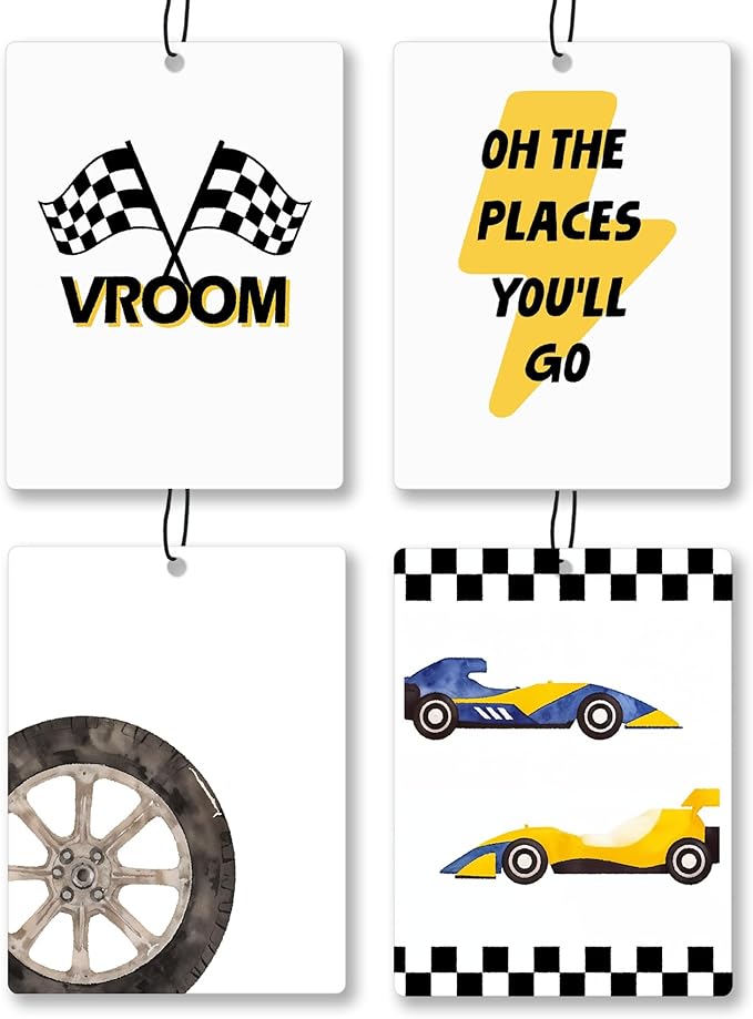 Retro Racing Car Air Freshener 4 Pcs, Black and White Checkered Race Flag Hanging Scents Air Freshener for Boys Racing Players Gifts, Vintage Scented Car Accessories Decor for Boys Room Dorm