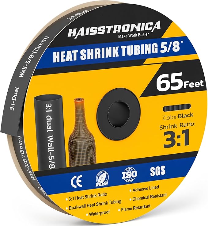 haisstronica 3:1 Heat Shrink Tubing, Shrink Ratio Adhesive Lined Marine Grade Heat Shrink Tube for Home, Automotive and Industrial (Black) 65FT 5/8inch