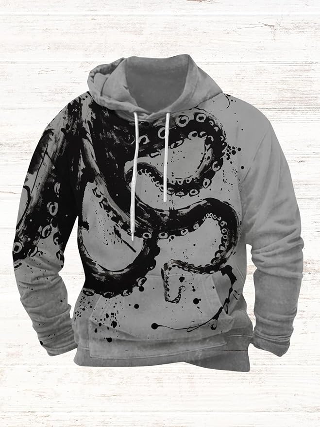 Mens Animal Print Graphic Hoodies Casual Long Sleeve Japanese Art Style Hooded Sweatshirt Lightweight Pullover Tops