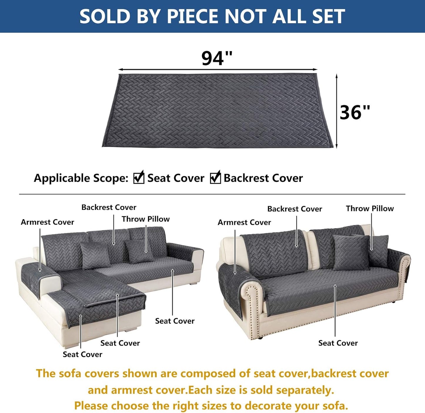 Eismodra Couch Cover,Sectional Couch Covers,Sofa Covers for 3 Cushion Couch,Anti-Slip Sofa Slipcovers for Dogs Cats Kids Loveseat Recliner L Shaped Armrest Backrest,Dark Gray 36''x94''(Only 1 Piece)