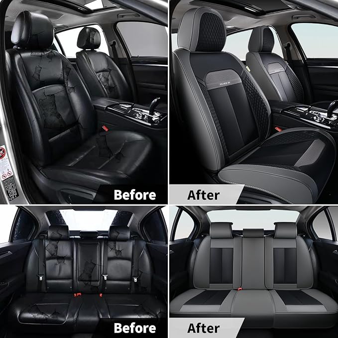 FLORICH Full Set Car Seat Covers 5pcs, Breathable Waterproof Nappa Leather Seat Covers, Gary Seat Covers, Automotive Interior Cover Universal for Cars SUV Truck Sedan - Gary&Black