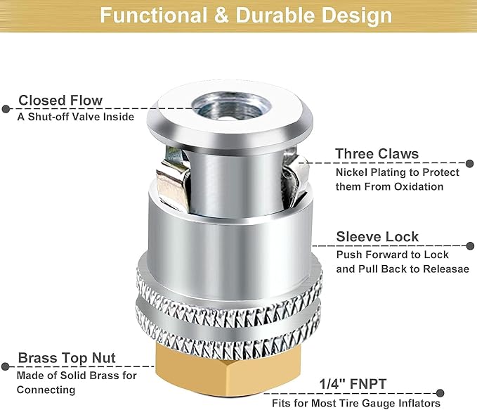 GODESON Lock On Air Chuck,1/4FNPT Closed Flow Brass Tire Chuck with Standard Male Quick Plug,Tire Air Chuck for Tire Inflator Gauge and Air Compressor(Pack of 2)