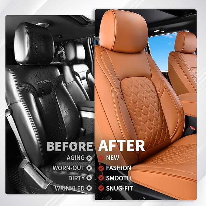 Huidasource F150 Truck Seat Covers Fit for 2015-2025 Ford F150 & 2017-2025 F250 F350 F450 Crew Cab XL XLT Lariat King Ranch Platinum, Full Coverage Leather Automotive Seat Cover(Full Set/Brown)